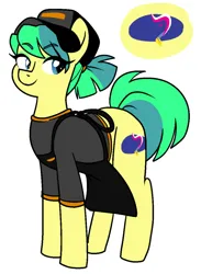 Size: 500x682 | Tagged: safe, artist:/d/non, derpibooru import, oc, oc:baja blaster, unofficial characters only, earth pony, apron, blue hair, clothes, cutie mark, green hair, hat, image, looking sideways, pigtails, png, shirt, simple background, smiling, t-shirt, taco bell, white background, yellow fur