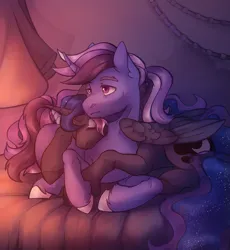 Size: 2300x2500 | Tagged: safe, artist:dereketto, derpibooru import, princess luna, oc, oc:azure night, alicorn, pony, unicorn, bed, canon x oc, commission, couple, image, png, shipping, sleeping, snuggling, ych result