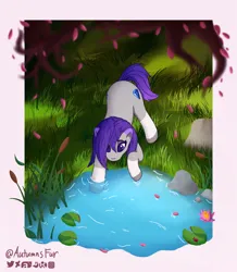 Size: 1949x2240 | Tagged: safe, artist:autumnsfur, derpibooru import, oc, oc:glitter stone, unofficial characters only, earth pony, pony, afternoon, artwork, blue eyes, blurr, blurry, boulder, curious, detailed background, digital art, earth pony oc, eyelashes, falling leaves, female, flower, g4, g5, grass, gray coat, gray fur, hooves, image, leaves, lilypad, logo, long hair, long tail, looking down, mare, multicolored hair, multicolored tail, nature, overhead view, pink leaves, png, pond, pondering, pony oc, purple hair, purple mane, purple tail, reeds, river, rock, signature, simple background, stone, tail, text, tree, water, watermark, wet, white background