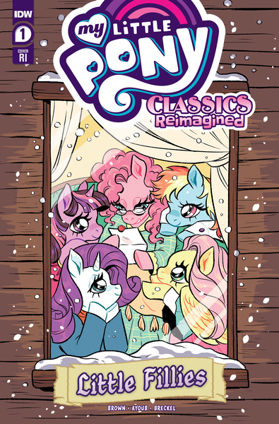 Size: 2063x3131 | Tagged: safe, derpibooru import, idw, fluttershy, pinkie pie, rainbow dash, rarity, twilight sparkle, earth pony, pegasus, unicorn, comic cover, glasses, happy, image, letter, little fillies, little women, my little pony classics reimagined: little fillies, official comic, png, smiling, snow