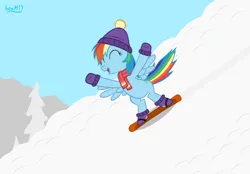 Size: 4478x3118 | Tagged: safe, artist:ironm17, derpibooru import, rainbow dash, pegasus, pony, boots, clothes, eyes closed, female, hat, high res, image, mare, mittens, open mouth, png, scarf, shoes, smiling, snow, snowboard, solo