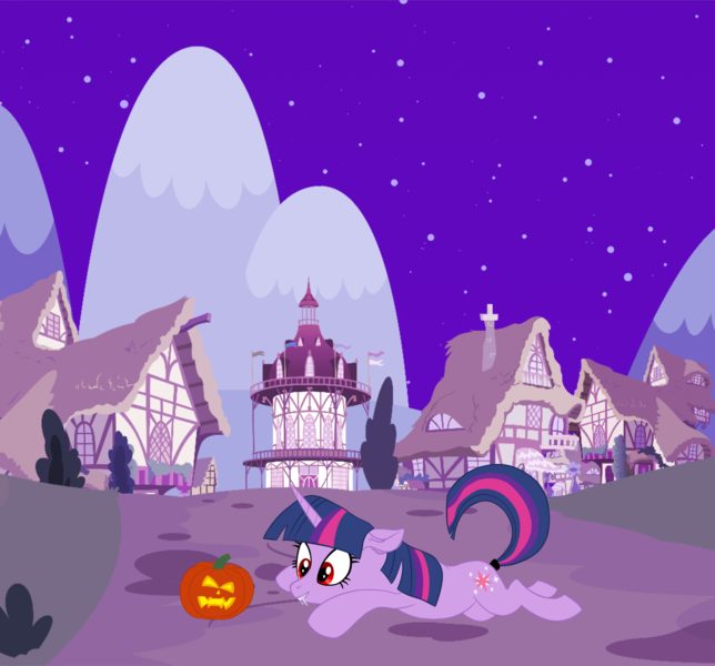 Size: 2048x1909 | Tagged: safe, artist:erkints, derpibooru import, twilight sparkle, undead, unicorn, vampire, halloween, holiday, image, jack-o-lantern, night, png, ponyville, pumpkin, red eyes, unicorn twilight