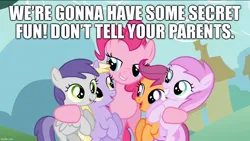 Size: 1136x640 | Tagged: suggestive, derpibooru import, edit, edited screencap, screencap, dinky hooves, pinkie pie, scootaloo, a friend in deed, bedroom eyes, caption, image, image macro, implied foalcon, implied sex, implied underage, jpeg, smile song, text, this will end in snu snu