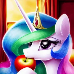 Size: 1024x1024 | Tagged: safe, derpibooru import, editor:dovakkins, machine learning generated, purplesmart.ai, stable diffusion, princess celestia, alicorn, pony, apple, beautiful, bust, crown, cute, cutelestia, female, food, herbivore, image, jewelry, png, regalia, smiling, solo