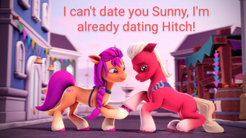 Size: 3840x2160 | Tagged: safe, artist:psfmer, derpibooru import, edit, sprout cloverleaf, sunny starscout, earth pony, pony, 3d, duo, duo male and female, female, g5, holding hoof, image, implied gay, implied hitchsprout, implied shipping, male, mare, maretime bay, my little pony: a maretime bay adventure, png, scene interpretation, shipping, source filmmaker, stallion, straight, sunnysprout, text, text edit, unshorn fetlocks