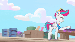 Size: 800x450 | Tagged: safe, derpibooru import, screencap, izzy moonbow, zipp storm, pegasus, pony, unicorn, my little pony: tell your tale, spoiler:g5, spoiler:my little pony: tell your tale, spoiler:tyts01e36, animated, cannon, female, g5, gif, glitter, glitter cannon, grin, headphones, image, mare, nervous, nervous grin, rainbow, ruler, smiling, sparkles, surprised, table, take flight in the marestream, toolbelt, unamused, youtube link, zipp storm is not amused