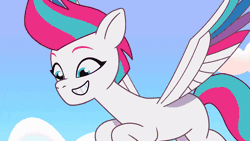 Size: 800x450 | Tagged: safe, derpibooru import, screencap, zipp storm, pegasus, my little pony: tell your tale, spoiler:g5, spoiler:my little pony: tell your tale, spoiler:tyts01e36, abstract background, animated, flying, g5, gif, image, motion lines, shrunken pupils, solo, speed lines, surpised, surprised face, take flight in the marestream, youtube link