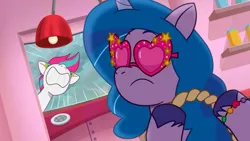 Size: 1280x720 | Tagged: safe, derpibooru import, screencap, izzy moonbow, zipp storm, pegasus, unicorn, my little pony: tell your tale, spoiler:g5, spoiler:tyts01e36, accessory, bracelet, g5, glasses, heart shaped glasses, image, jewelry, nose in the air, png, screaming, take flight in the marestream, teeth, unshorn fetlocks