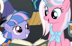 Size: 800x516 | Tagged: safe, derpibooru import, screencap, clear sky, wind sprint, pegasus, pony, unicorn, common ground, animated, book, cup, cute, duo, duo female, female, filly, foal, freckles, gif, head rub, image, looking at each other, looking at someone, magic, mare, mother and child, mother and daughter, smiling, sprintabetes, talking, telekinesis