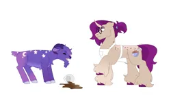 Size: 1280x732 | Tagged: safe, artist:itstechtock, derpibooru import, oc, oc:cosmos, oc:maple mulberry, unofficial characters only, goat, pony, unicorn, female, glasses, image, jpeg, mare, simple background, white background