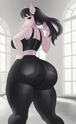 Size: 1770x2877 | Tagged: suggestive, alternate version, artist:transfaled, derpibooru import, octavia melody, anthro, earth pony, big breasts, breasts, busty octavia melody, butt, clothes, derpibooru exclusive, image, large butt, leather, leather pants, leggings, looking at you, looking back, looking back at you, no tail, pants, png, sideboob, treblebutt, zipper