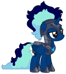 Size: 1200x1353 | Tagged: safe, artist:calibykitty, derpibooru import, oc, oc:midnight specter, unofficial characters only, alicorn, pony, alicorn oc, armor, armored pony, base, base used, blue mane, brown eyes, colored wings, female, folded wings, frown, guardsmare, horn, image, lidded eyes, long hair, long tail, mare, mohawk, multicolored hair, multicolored wings, night guard, png, royal guard, simple background, solo, tail, transparent background, unamused, wings