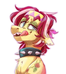 Size: 1038x1174 | Tagged: safe, artist:eggoatt, oc, unnamed oc, unofficial characters only, pony, chest fluff, collar, ear piercing, earring, eyebrows, image, jewelry, lidded eyes, mlem, piercing, png, sharp teeth, silly, simple background, solo, spiked collar, tattoo, teeth, tongue out, transparent background