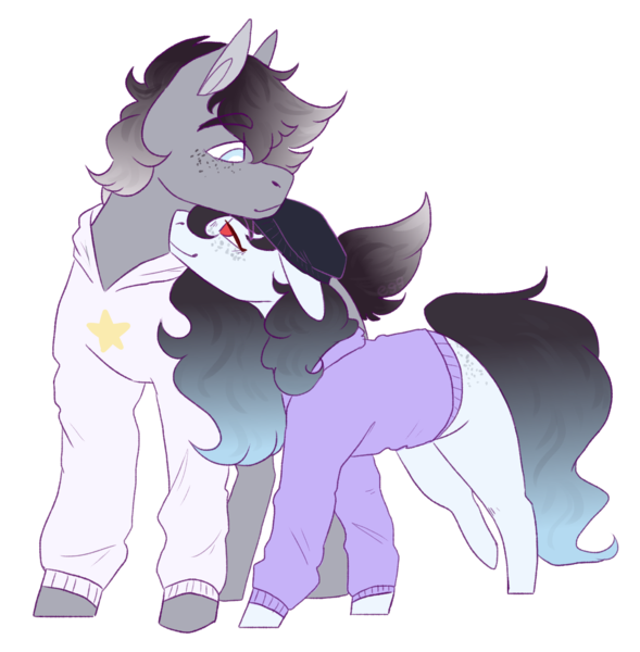 Size: 1456x1484 | Tagged: safe, artist:eggoatt, oc, unnamed oc, unofficial characters only, earth pony, pony, clothes, earth pony oc, female, floppy ears, freckles, hoodie, image, looking at each other, male, mare, png, simple background, stallion, transparent background