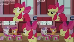 Size: 4400x2475 | Tagged: safe, derpibooru import, edit, edited screencap, editor:quoterific, screencap, apple bloom, scootaloo, sweetie belle, the break up breakdown, cutie mark crusaders, image, png