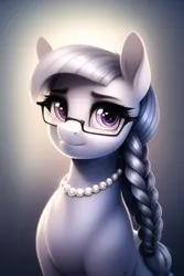 Size: 512x768 | Tagged: safe, derpibooru import, machine learning generated, novelai, silver spoon, earth pony, pony, braid, female, glasses, image, jewelry, looking at you, necklace, older, older silver spoon, pearl necklace, png, purple eyes, smiling, smiling at you, solo