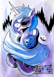 Size: 1134x1589 | Tagged: safe, artist:poxy_boxy, derpibooru import, vinyl scratch, pony, unicorn, bust, commission, female, headphones, image, jpeg, mare, music notes, open mouth, open smile, smiling, solo, traditional art, watercolor painting, watermark