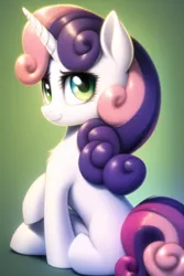 Size: 512x768 | Tagged: safe, derpibooru import, machine learning generated, novelai, sweetie belle, pony, unicorn, female, filly, foal, green eyes, image, looking at you, looking back, png, smiling, smiling at you, solo