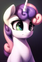 Size: 512x768 | Tagged: safe, derpibooru import, machine learning generated, novelai, sweetie belle, pony, unicorn, female, filly, foal, green eyes, image, png, smiling, solo