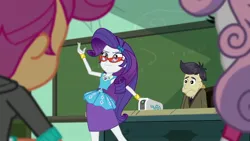 Size: 1920x1080 | Tagged: safe, derpibooru import, screencap, cranky doodle donkey, rarity, scootaloo, sweetie belle, human, equestria girls, equestria girls series, happily ever after party, glasses, humanized, image, jpeg, projector, rarity peplum dress, rarity's glasses