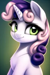 Size: 512x768 | Tagged: safe, derpibooru import, machine learning generated, novelai, sweetie belle, pony, unicorn, female, filly, foal, green eyes, image, looking at you, png, smiling, smiling at you, solo
