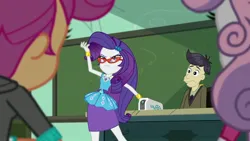 Size: 1920x1080 | Tagged: safe, derpibooru import, screencap, cranky doodle donkey, rarity, scootaloo, sweetie belle, human, equestria girls, equestria girls series, happily ever after party, glasses, humanized, image, jpeg, projector, rarity peplum dress, rarity's glasses