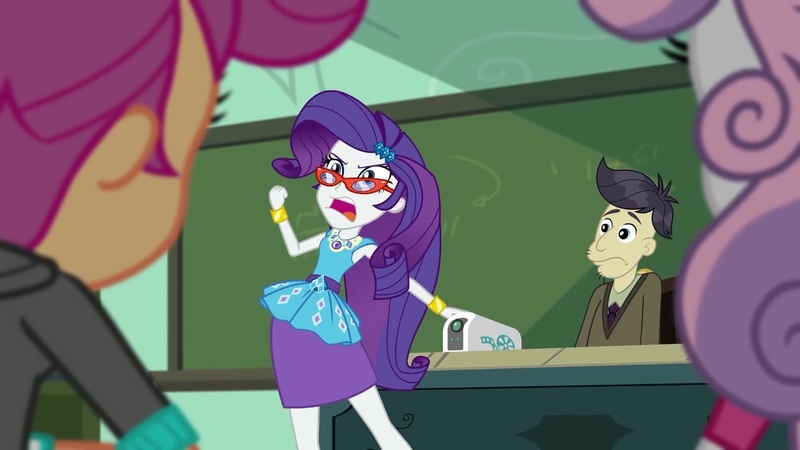 Size: 1920x1080 | Tagged: safe, derpibooru import, screencap, cranky doodle donkey, rarity, scootaloo, sweetie belle, human, equestria girls, equestria girls series, happily ever after party, glasses, humanized, image, jpeg, projector, rarity peplum dress, rarity's glasses