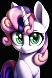 Size: 512x768 | Tagged: safe, derpibooru import, machine learning generated, novelai, sweetie belle, pony, unicorn, female, filly, foal, green eyes, image, looking at you, png, smiling, smiling at you, solo