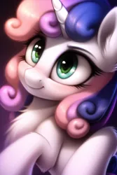 Size: 512x768 | Tagged: safe, derpibooru import, machine learning generated, novelai, sweetie belle, pony, unicorn, chest fluff, female, filly, foal, green eyes, image, png, smiling, solo
