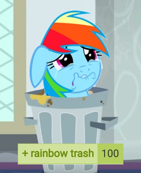 Size: 690x848 | Tagged: safe, derpibooru import, edit, edited screencap, screencap, rainbow dash, abuse, crying, dashabuse, go to sleep wind rider, image, jpeg, milestone, rainbow trash, sad, trash can