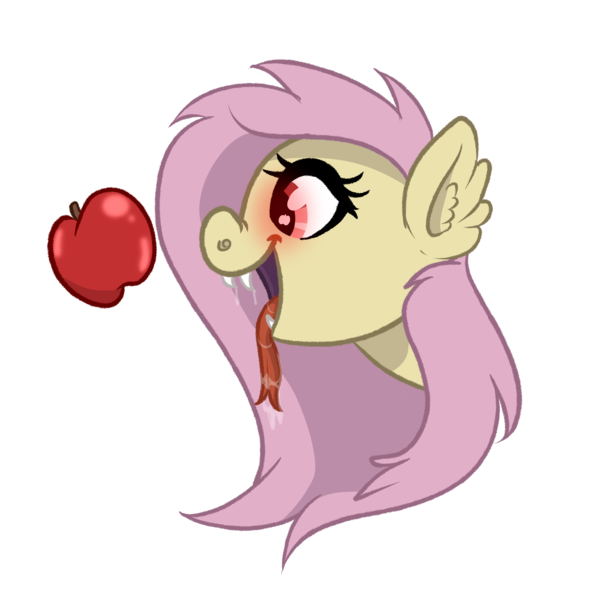 Size: 3000x3000 | Tagged: safe, artist:ponykittenboi, derpibooru import, fluttershy, bat pony, pony, advertisement, apple, bat ponified, drool, fangs, flutterbat, food, glow, glowing eyes, hungry, image, open mouth, png, race swap, red eyes, redbubble, simple background, solo, sticker, tongue out, transparent background