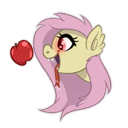 Size: 3000x3000 | Tagged: safe, artist:ponykittenboi, derpibooru import, fluttershy, bat pony, pony, advertisement, apple, bat ponified, drool, fangs, flutterbat, food, glow, glowing eyes, hungry, image, open mouth, png, race swap, red eyes, redbubble, simple background, solo, sticker, tongue out, transparent background