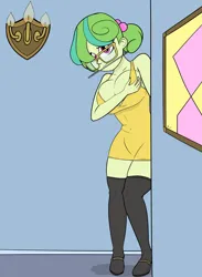 Size: 2200x3000 | Tagged: suggestive, artist:covight, derpibooru import, stella sprinkles, human, equestria girls, boots, braces, breasts, busty stella sprinkles, clothes, dress, embarrassed, female, glasses, image, png, shoes, solo, solo female
