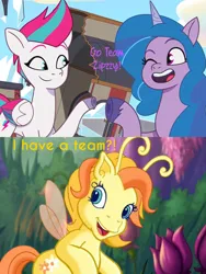 Size: 1452x1936 | Tagged: safe, derpibooru import, edit, edited screencap, screencap, izzy moonbow, zipp storm, zipzee, breezie, pegasus, pony, unicorn, my little pony: tell your tale, the princess promenade, spoiler:g5, spoiler:my little pony: tell your tale, spoiler:tyts01e36, comic, female, g3, g5, hoofbump, image, jpeg, mare, one eye closed, screencap comic, take flight in the marestream, wink