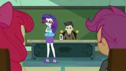 Size: 1920x1080 | Tagged: safe, derpibooru import, screencap, apple bloom, cranky doodle donkey, rarity, scootaloo, human, equestria girls, equestria girls series, happily ever after party, glasses, humanized, image, jpeg, projector, rarity peplum dress, rarity's glasses