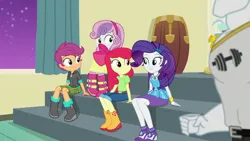 Size: 1920x1080 | Tagged: safe, derpibooru import, screencap, apple bloom, bulk biceps, rarity, scootaloo, sweetie belle, human, equestria girls, equestria girls series, happily ever after party, cutie mark crusaders, humanized, image, jpeg, rarity peplum dress