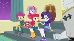 Size: 1920x1080 | Tagged: safe, derpibooru import, screencap, apple bloom, bulk biceps, rarity, scootaloo, sweetie belle, human, equestria girls, equestria girls series, happily ever after party, cutie mark crusaders, humanized, image, jpeg, rarity peplum dress