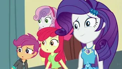 Size: 1920x1080 | Tagged: safe, derpibooru import, screencap, apple bloom, rarity, scootaloo, sweetie belle, human, equestria girls, equestria girls series, happily ever after party, cutie mark crusaders, humanized, image, jpeg, rarity peplum dress