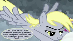 Size: 1280x720 | Tagged: safe, derpibooru import, edit, edited screencap, screencap, derpy hooves, the ending of the end, doctor who, epic derpy, image, implied doctor whooves, png, ponified name, spoilers (time travel concept), text, thought bubble