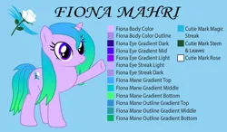 Size: 1872x1091 | Tagged: safe, artist:pootanger_sfm, derpibooru import, oc, oc:fiona mahri, unofficial characters only, pony, unicorn, female, full body, gradient mane, gradient tail, horn, image, mare, png, purple eyes, reference sheet, show accurate, smiling, solo, standing, tail, unicorn oc