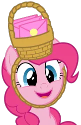Size: 1569x2406 | Tagged: safe, artist:sketchmcreations, derpibooru import, pinkie pie, earth pony, pony, party of one, season 1, basket, envelope, female, image, invitation, mare, open mouth, open smile, png, simple background, smiling, transparent background, vector