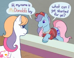 Size: 1439x1134 | Tagged: safe, artist:horse-time-babey, derpibooru import, ivy, earth pony, pony, clothes, counter, g2, hat, image, jpeg, looking at each other, looking at someone, mcdonald's, open mouth, open smile, rear view, smiling, uniform