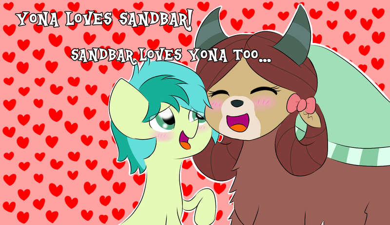 Size: 1735x1000 | Tagged: safe, artist:girlduog, derpibooru import, sandbar, yona, earth pony, pony, yak, blushing, dialogue, duo, duo male and female, eyes closed, female, heart, heart background, image, male, male and female, monkey swings, open mouth, outline, png, raised hoof, shipping, straight, white outline, yonabar