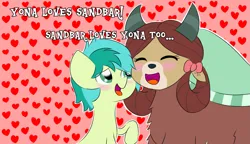 Size: 1735x1000 | Tagged: safe, artist:girlduog, derpibooru import, sandbar, yona, earth pony, pony, yak, blushing, dialogue, duo, duo male and female, eyes closed, female, heart, heart background, image, male, male and female, monkey swings, open mouth, outline, png, raised hoof, shipping, straight, white outline, yonabar