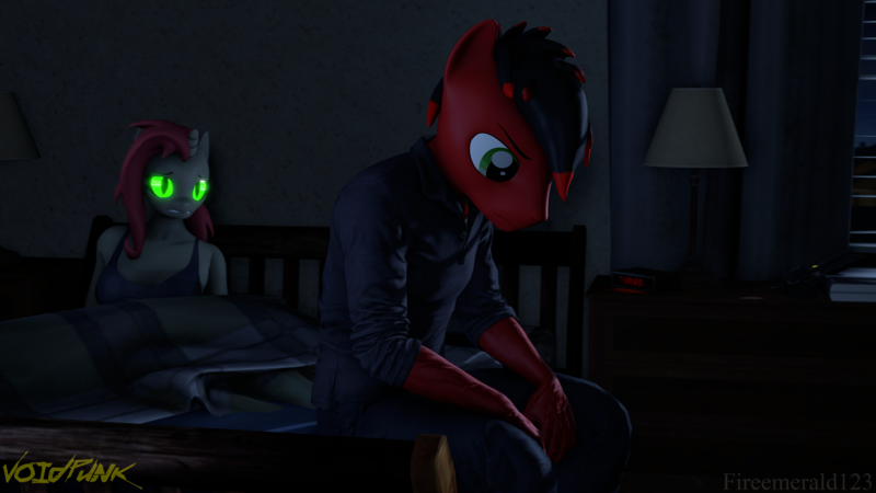 Size: 3840x2160 | Tagged: safe, artist:fireemerald123, derpibooru import, oc, oc:holly berry, oc:page feather, unofficial characters only, anthro, 3d, bra, clothes, curtains, duo, glow, glowing eyes, gun, handgun, image, lamp, night, png, revolver, source filmmaker, underwear, voidpunk, weapon