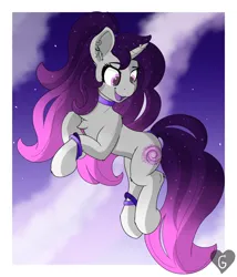 Size: 1940x2266 | Tagged: safe, artist:gnashie, derpibooru import, oc, oc:wispy nebula, unofficial characters only, unicorn, abstract background, bangles, bracelet, choker, cloud, ear piercing, earring, ethereal mane, happy, horn, horn piercing, image, jewelry, long mane, long tail, open mouth, piercing, png, sky, starry mane, stars, tail, unicorn oc