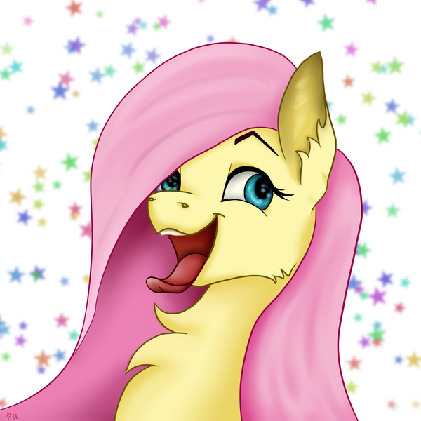 Size: 4134x4134 | Tagged: safe, artist:palettenight, derpibooru import, fluttershy, pegasus, pony, blue eyes, image, looking away, open mouth, oral invitation, pink hair, png, simple background, smiling, solo, stars, teeth, tongue out, white background