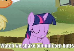 Size: 355x245 | Tagged: safe, derpibooru import, screencap, applejack, twilight sparkle, pony, unicorn, feeling pinkie keen, my little pony: a new generation, season 1, animated, butt, butt shake, cropped, cute, ditch, fit right in (g5), g5, gif, grammar error, image, offscreen character, solo focus, tail, tail wag, twilight sparkle is not amused, unamused, unicorn twilight, watch us shake our unicorn butts