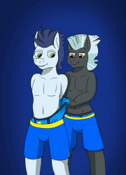 Size: 1443x1999 | Tagged: suggestive, artist:tacomytaco, derpibooru import, soarin', thunderlane, pegasus, pony, animated, belly button, briefs, clothes, gif, hand, image, male, pain, partial nudity, shoes, shorts, topless, underwear, wedgie