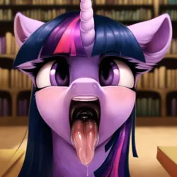 Size: 960x960 | Tagged: suggestive, machine learning generated, novelai, twilight sparkle, pony, unicorn, blushing, bookshelf, drool, female, gullet, image, imminent vore, library, looking at you, mare, mawshot, offscreen character, open mouth, png, pov, salivating, solo, solo female, teeth, tongue out, twipred, unicorn twilight, vore